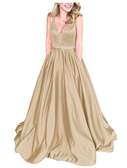 Women's V Neck Satin Prom Dresses with Beaded Belt Long Evening Gowns