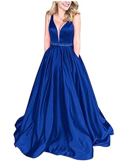 Women's V Neck Satin Prom Dresses with Beaded Belt Long Evening Gowns