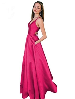 V Neck Spaghetti Strap Satin Prom Dresses Backless Long Evening Formal Gowns with Pockets