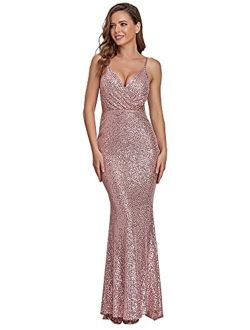 Women Sequin Bridesmaid Dress Sleeveless Maxi Evening Prom Dresses