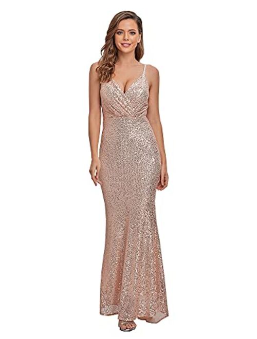 Beauty-Emily Women Sequin Bridesmaid Dress Sleeveless Maxi Evening Prom Dresses