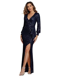 Sparkle Glitzy Glam Sequin Stretch Slim Split Long Evening Dress Gold