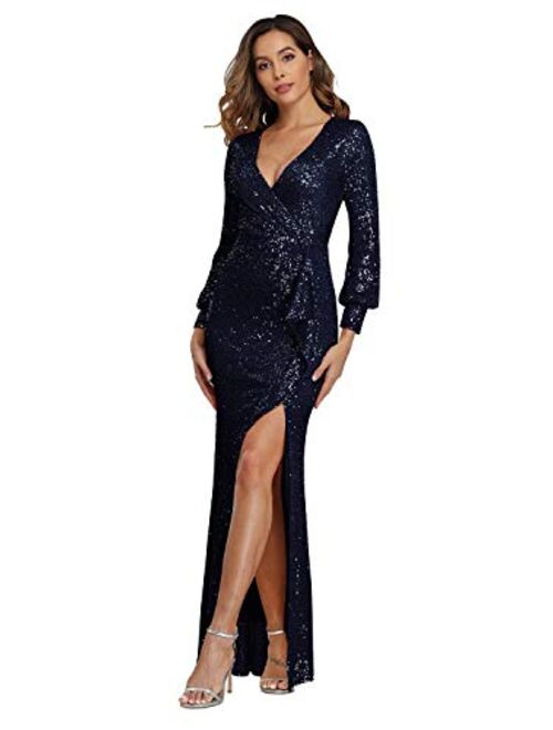 Beauty-Emily Sparkle Glitzy Glam Sequin Stretch Slim Split Long Evening Dress Gold