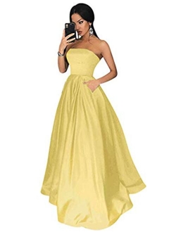 Women's Long Beaded Strapless Satin Prom Dress A Line Open Back Evening Gowns with Pockets