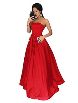 Women's Long Beaded Strapless Satin Prom Dress A Line Open Back Evening Gowns with Pockets