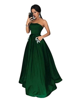 Women's Long Beaded Strapless Satin Prom Dress A Line Open Back Evening Gowns with Pockets