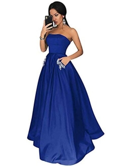 Women's Long Beaded Strapless Satin Prom Dress A Line Open Back Evening Gowns with Pockets