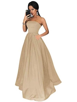 Women's Long Beaded Strapless Satin Prom Dress A Line Open Back Evening Gowns with Pockets