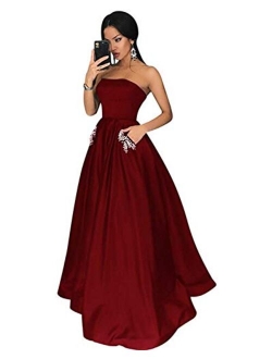 Women's Long Beaded Strapless Satin Prom Dress A Line Open Back Evening Gowns with Pockets