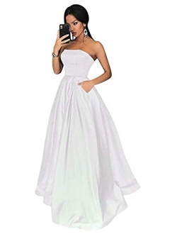 Women's Long Beaded Strapless Satin Prom Dress A Line Open Back Evening Gowns with Pockets