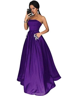 Women's Long Beaded Strapless Satin Prom Dress A Line Open Back Evening Gowns with Pockets