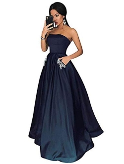 Women's Long Beaded Strapless Satin Prom Dress A Line Open Back Evening Gowns with Pockets