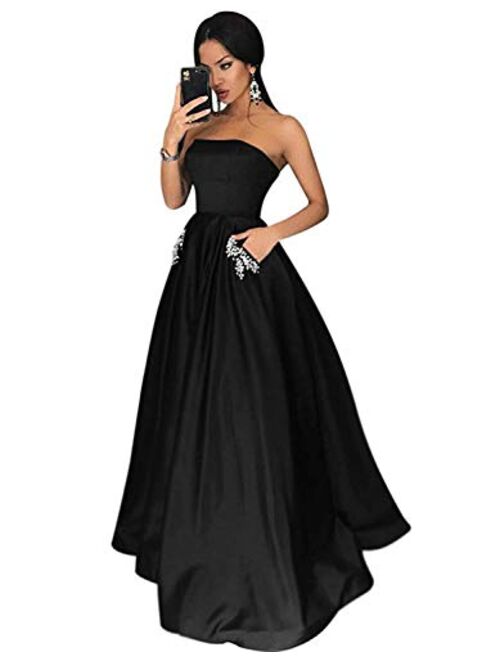 Gricharim Women's Long Beaded Strapless Satin Prom Dress A Line Open Back Evening Gowns with Pockets