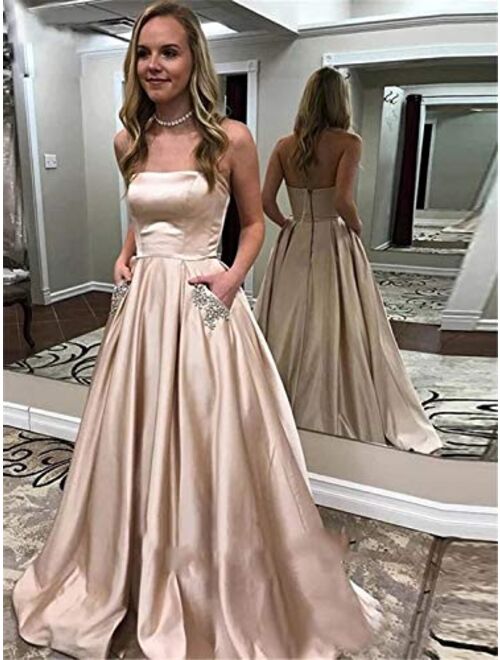 Gricharim Women's Long Beaded Strapless Satin Prom Dress A Line Open Back Evening Gowns with Pockets