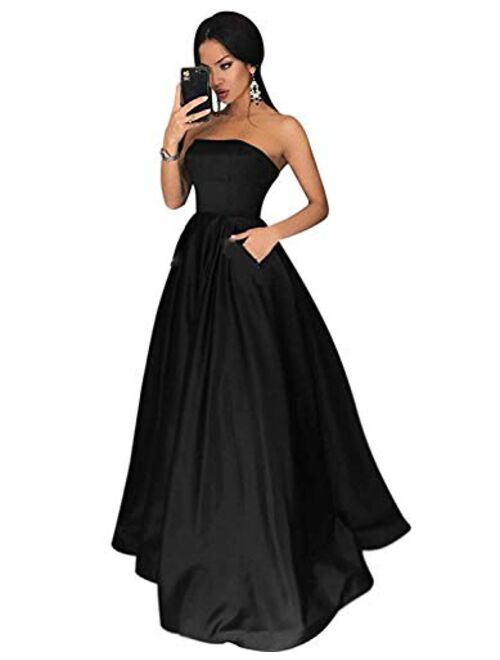 Gricharim Women's Long Beaded Strapless Satin Prom Dress A Line Open Back Evening Gowns with Pockets