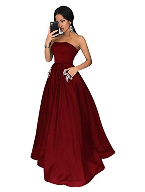 Gricharim Women's Long Beaded Strapless Satin Prom Dress A Line Open Back Evening Gowns with Pockets