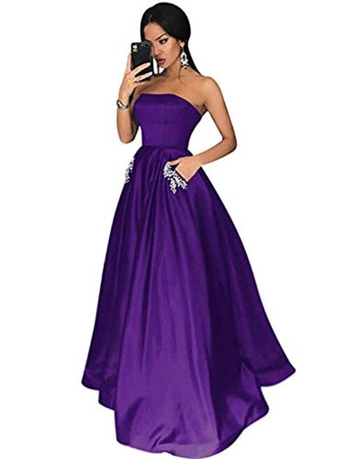 Gricharim Women's Long Beaded Strapless Satin Prom Dress A Line Open Back Evening Gowns with Pockets