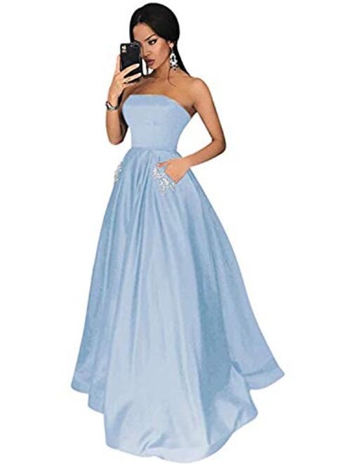 Gricharim Women's Long Beaded Strapless Satin Prom Dress A Line Open Back Evening Gowns with Pockets