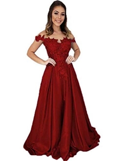 Off The Shoulder Satin Prom Dresses Long Lace Applique Evening Formal Gowns