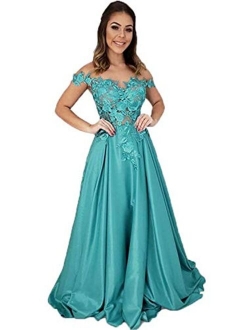 Off The Shoulder Satin Prom Dresses Long Lace Applique Evening Formal Gowns