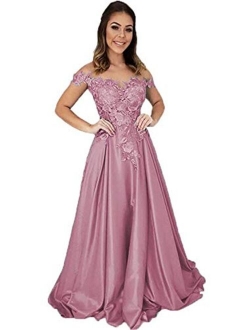 Off The Shoulder Satin Prom Dresses Long Lace Applique Evening Formal Gowns