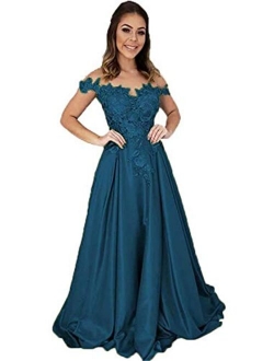 Off The Shoulder Satin Prom Dresses Long Lace Applique Evening Formal Gowns