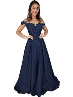 Off The Shoulder Satin Prom Dresses Long Lace Applique Evening Formal Gowns