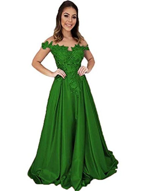 Gricharim Off The Shoulder Satin Prom Dresses Long Lace Applique Evening Formal Gowns