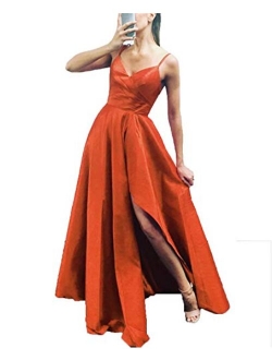 High Low Women's Spaghetti Strap Prom Dresses Long Side Slit Evening Formal Gowns