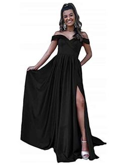 Women's Off Shoulder Satin Prom Dresses Long Ball Gowns with Silt Evening Gowns