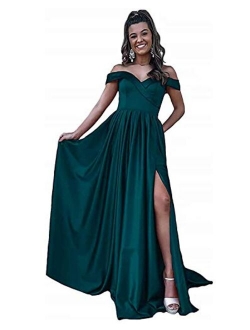 Women's Off Shoulder Satin Prom Dresses Long Ball Gowns with Silt Evening Gowns