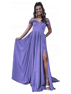 Women's Off Shoulder Satin Prom Dresses Long Ball Gowns with Silt Evening Gowns