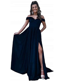 Women's Off Shoulder Satin Prom Dresses Long Ball Gowns with Silt Evening Gowns