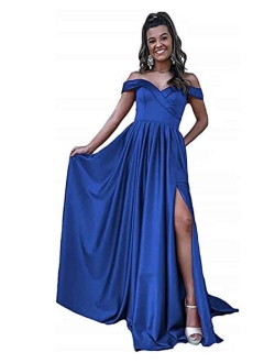 Women's Off Shoulder Satin Prom Dresses Long Ball Gowns with Silt Evening Gowns