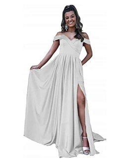 Women's Off Shoulder Satin Prom Dresses Long Ball Gowns with Silt Evening Gowns