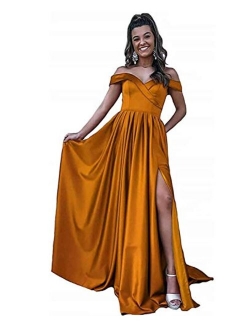 Women's Off Shoulder Satin Prom Dresses Long Ball Gowns with Silt Evening Gowns