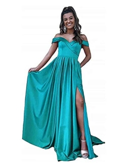 Women's Off Shoulder Satin Prom Dresses Long Ball Gowns with Silt Evening Gowns