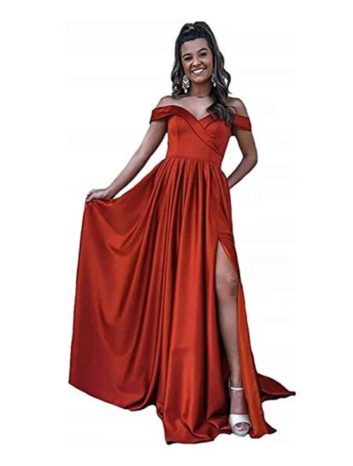 Gricharim Women's Off Shoulder Satin Prom Dresses Long Ball Gowns with Silt Evening Gowns