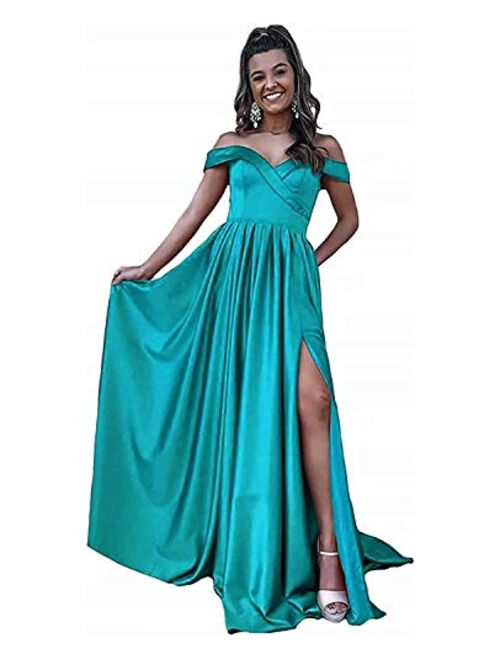 Gricharim Women's Off Shoulder Satin Prom Dresses Long Ball Gowns with Silt Evening Gowns