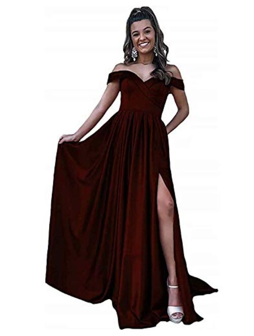 Gricharim Women's Off Shoulder Satin Prom Dresses Long Ball Gowns with Silt Evening Gowns