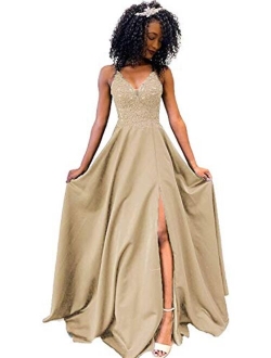 Spaghetti Open Back Beaded Prom Dresses Long Formal Evening Gowns