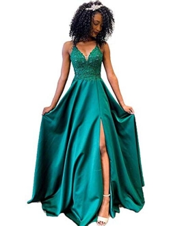 Spaghetti Open Back Beaded Prom Dresses Long Formal Evening Gowns
