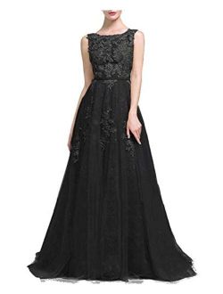Prom Dresses Long Applique Sleeveless Tulle Lace Ball Gowns A Line Evening Formal Dresses