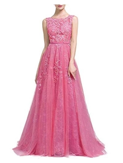 Prom Dresses Long Applique Sleeveless Tulle Lace Ball Gowns A Line Evening Formal Dresses