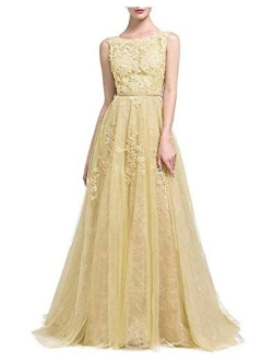 Prom Dresses Long Applique Sleeveless Tulle Lace Ball Gowns A Line Evening Formal Dresses