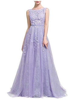 Prom Dresses Long Applique Sleeveless Tulle Lace Ball Gowns A Line Evening Formal Dresses