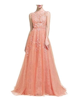 Prom Dresses Long Applique Sleeveless Tulle Lace Ball Gowns A Line Evening Formal Dresses