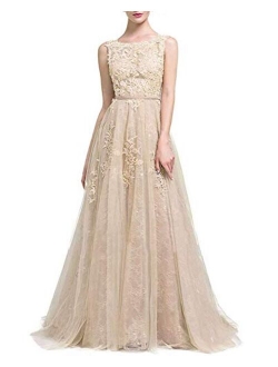 Prom Dresses Long Applique Sleeveless Tulle Lace Ball Gowns A Line Evening Formal Dresses