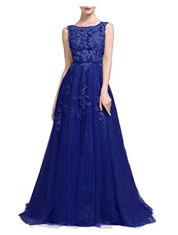 Prom Dresses Long Applique Sleeveless Tulle Lace Ball Gowns A Line Evening Formal Dresses