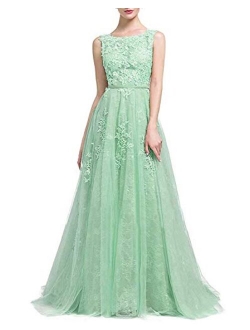 Prom Dresses Long Applique Sleeveless Tulle Lace Ball Gowns A Line Evening Formal Dresses